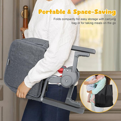 Hook On High Chair: Portable Fast Table Chair with Storage Bag, Clip on High Chairs for Babies and Toddlers, Foldable Baby Feeding Chair with Removable Seat for Home and Travel -Grey