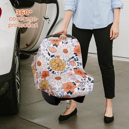 Rquite All-in-1 Car Seat Cover Baby, Carseat Covers for Girl Boy, Stretchy Soft Infant Car Seat Cover, Multi-use Baby Carrier Cover, Car Seat Canopy, Stroller Sun Shade, Nursing Breastfeeding Cover