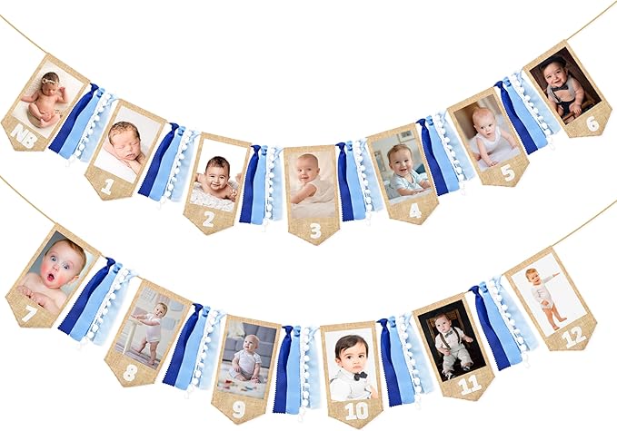 pinkblume 1st Birthday Burlap Photo Banner Garland Handmade Felt from Newborn to 12 Months with Gradient Blue Ribbon for Monthly Milestones Baby Boy First Birthday Party Decorations Supplies