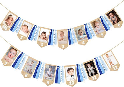pinkblume 1st Birthday Burlap Photo Banner Garland Handmade Felt from Newborn to 12 Months with Gradient Blue Ribbon for Monthly Milestones Baby Boy First Birthday Party Decorations Supplies