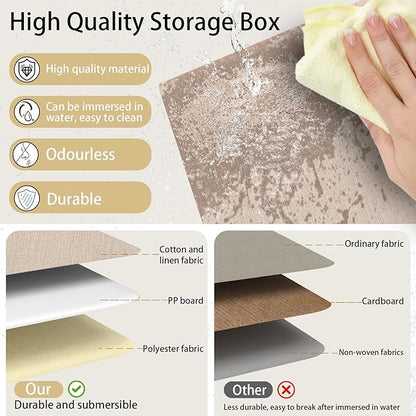 Yawinhe Collapsible Storage Boxes, Linen Fabric Baskets, Bin with lid and Leather Handle, Washable, for Home, Closet, Beige, 15.0''Lx9.8''Wx9.8''H, 1-Pack, USNK024BEL-1