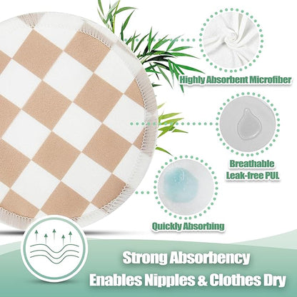 wegreeco Nursing Breast Pads (14 Pack) + Laundry Bag & Travel Storage Bag, 4.7 inch Option - Washable & Reusable Breastfeeding Nursing Pads (Light Coffee Checkerboard, Large, Plain Shape)