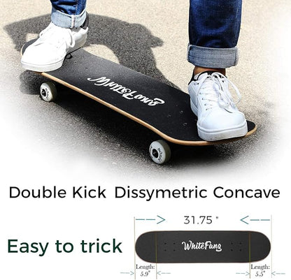 WhiteFang Skateboards for Beginners, Complete Skateboard 31 x 7.88, 7 Layer Canadian Maple Double Kick Concave Standard and Tricks Skateboards for Kids and Beginners