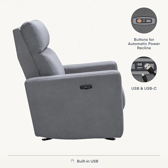 Nurture& The Glider – Premium Power Recliner Nursery Chair with Stationary Headrest | Designed for Comfort and Simplicity | Built-in USB Charger