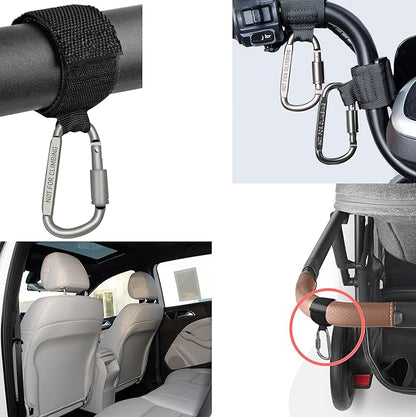 Baby Stroller Hook, Carry 30 lbs per Stroller Carabiner Clip, Adjustable Baby Stroller & Car Seat Hook for Hanging Diaper Bag, Wheelchair,Golf cart, Shopping and Pet Cart(2 Pcs Silver)