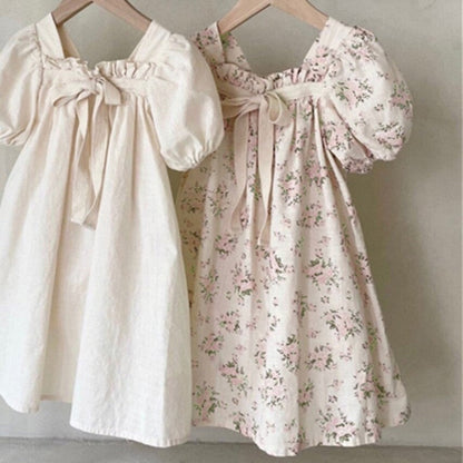 Girls Bow Bubble Sleeve Floral Square Neck Dress