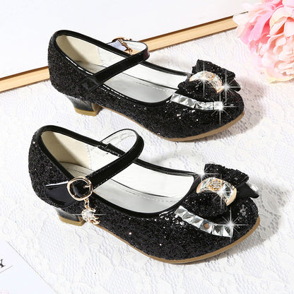 Girls High Heel Shoes Rhinestone Bow Princess Shoes