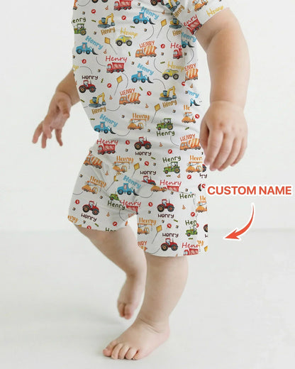 Construction Vehicles Custom Name Bamboo Two Piece Short Sleeve Shorts Pajama Set