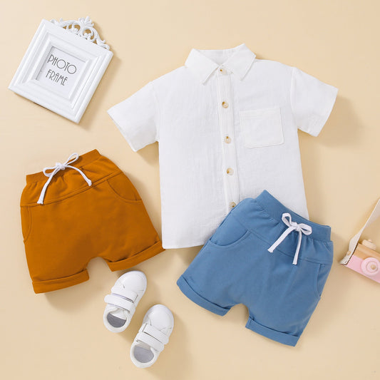 Boy's Short-sleeved Shirt Top Solid Color Shorts Two-piece Suit