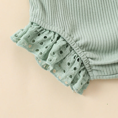 Girls' Flounced Sleeve Buttons Sunken Stripe Cotton Shorts Suit