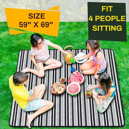 PortableAnd Extra Large Picnic & Outdoor Blanket 3 Layers for Water-Resistant Handy Mat Tote Spring Summer Black and White Striped Great for The Beach,Camping on Grass Waterproof Sandproof