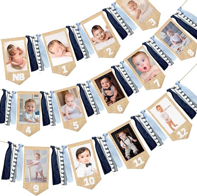 pinkblume 1st Birthday Burlap Photo Banner Garland Handmade Felt from Newborn to 12 Months with Dusty Blue Gray Ribbon for Baby Boy Girl Monthly Milestones First Birthday Party Decoration Supplies