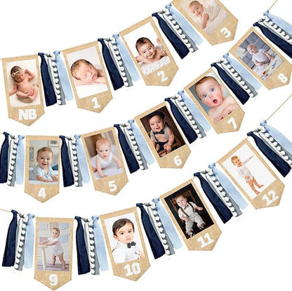 pinkblume 1st Birthday Burlap Photo Banner Garland Handmade Felt from Newborn to 12 Months with Dusty Blue Gray Ribbon for Baby Boy Girl Monthly Milestones First Birthday Party Decoration Supplies