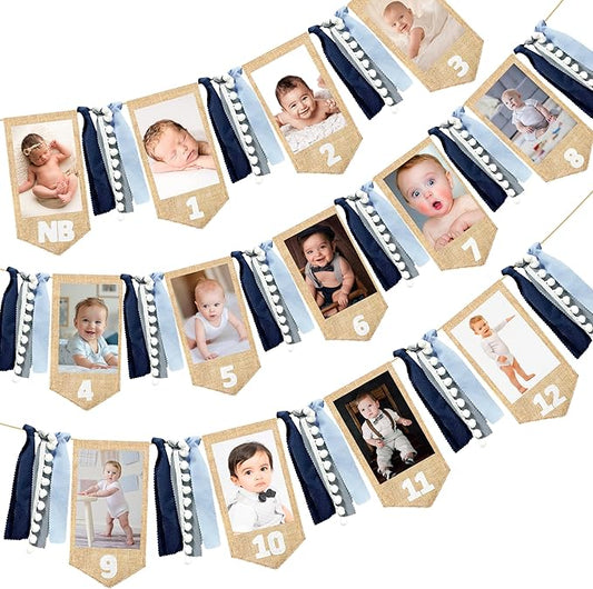 pinkblume 1st Birthday Burlap Photo Banner Garland Handmade Felt from Newborn to 12 Months with Dusty Blue Gray Ribbon for Baby Boy Girl Monthly Milestones First Birthday Party Decoration Supplies