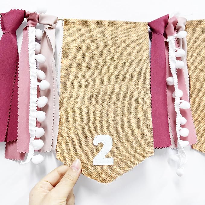 pinkblume 1st Birthday Burlap Photo Banner Garland Handmade Felt from Newborn to 12 Months with Gradient Dusty Pink Ribbon for Baby Girl First Birthday Monthly Milestones Party Decorations Supplies