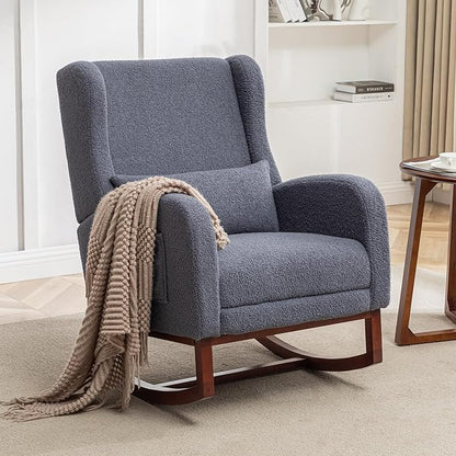 Rocking Chair Nursery,Teddy Nursery Rocking Chairs with Foot Rest, Sherpa Glider Rocker Nursing Chair with High Back for Nursing, Living Room, Bedroom, Dark Grey