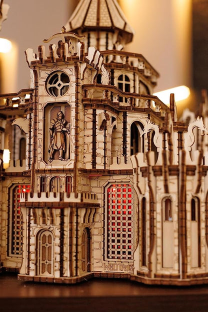 Wood Trick Dragon Castle Movable Wooden 3D Puzzles for Adults and Kids to Build - Red LED - Greensleeves Melody - Towers Rotating - Engineering DIY Project Mechanical Model Kits for Adults