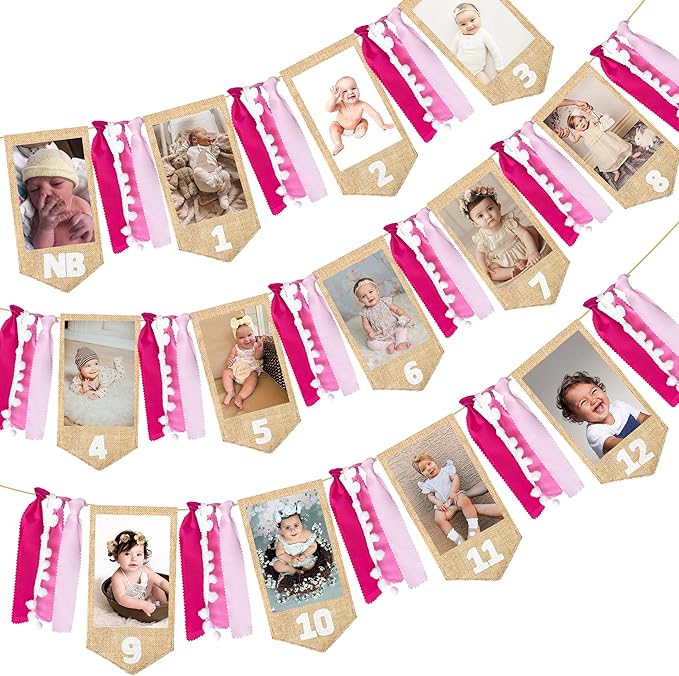 pinkblume 1st Birthday Burlap Photo Banner Garland Handmade Felt from Newborn to 12 Months with Gradient Pink Ribbon for Baby Girl Monthly Milestones First Birthday Party Decorations Supplies
