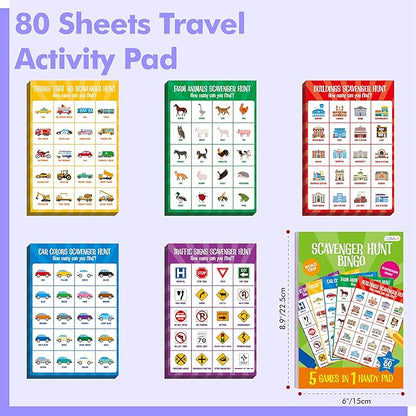 Road Trip Game Pad, 5 Games in 1 (Farm Animals, Car Colors, Buildings, Traffic Signs, Vehicles Scavenger Hunt Bingo), Pen Pencil Paper Game, Plane Trip/Car Travel/Getaway Activity Pad for Kid, Adult