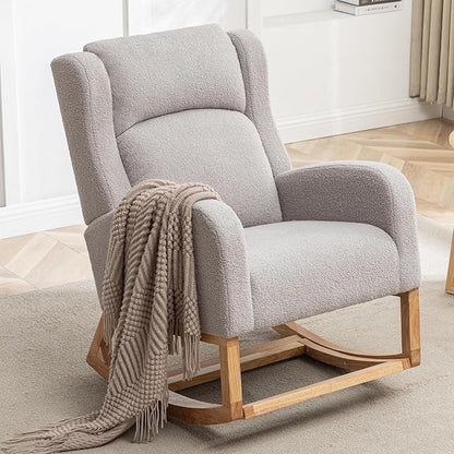 Rocking Chair Nursery, Nursing Rocking Chairs for Mom Nursery, Comfy Wingback Glider Rocking Armchair with Foot Rest and Side Pocket for Nursery Living Room Bedroom, Teddy Grey