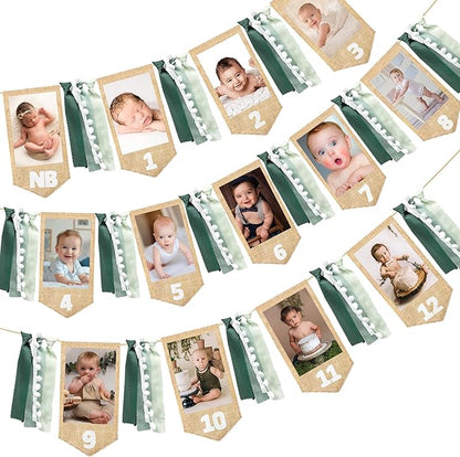 pinkblume 1st Birthday Burlap Photo Banner Garland Handmade Felt from Newborn to 12 Months with Gradient Sage Green Ribbon for Baby Boy Girl Monthly Milestones First Birthday Party Decoration Supplies