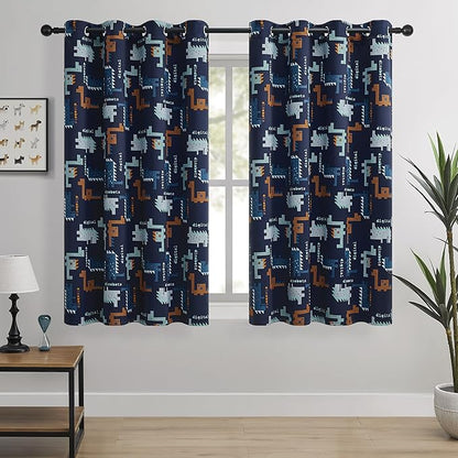 Kids Blackout Curtains - Pixel Dinosaur Curtains, 100% Blackout, 2 Panels, Each W52×L63, Thermal Insulated, Noise Reducing for Kids Bedroom, Bring a Playful and Retro Touch to Your Child’s Room