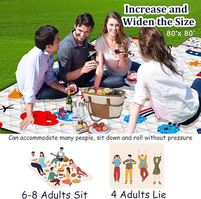 Poedist Extra Large Picnic Blanket Waterproof,80"x 80"Foldable Machine Washable Beach Blanket,Outdoor Blanket for 6-8 Adults,Suitable for Indoor Crawling,Park Beach,Camping,Hiking,Family Travel(Cute)