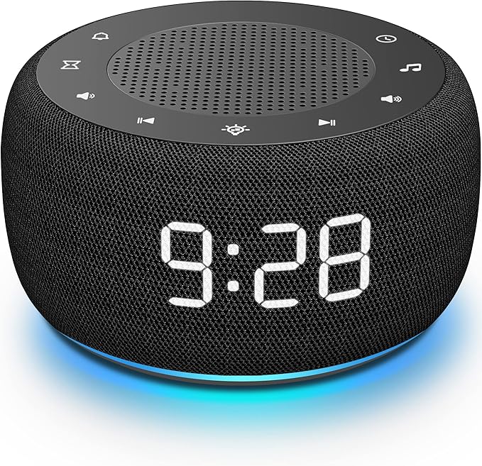 Buffbee Sound Machine & Alarm Clock 2-in-1, 0-100% Clock Face Brightness, Bottom Colored Light, Sleep Timer, Precise 30-Level Volume Control White Noise Machine