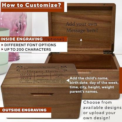 Baby Keepsake Box - Personalized Newborn Memory Box, Acacia Wood Decorative Boxes for Kids, Engraved Birth Stats Wooden Crate for Boys & Girls, Birth Statistics Wooden Chest with Hinged Lid, 8x6x4 in