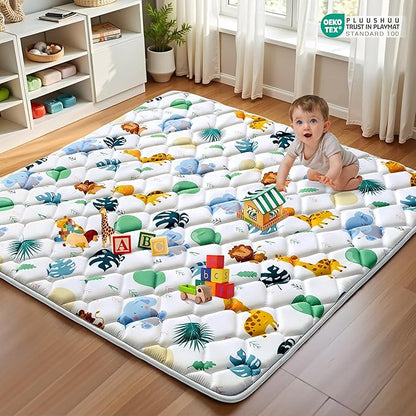 Baby Play Mats for Floor, 47x47 Playpen Mat for Babies, Extra Thicker & Soft Floor Crawling Mat, Foldable Non-Slip Playmat Cushioned for Infants Toddlers, Cute Animal Design