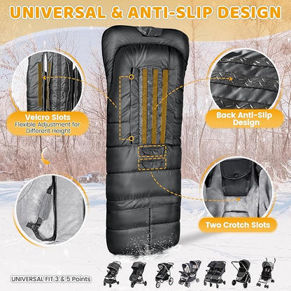 Orzbow Universal Stroller Bunting Bag with Extra Footmuff for Toddler, Kids, Warm Waterproof Stroller Blanket, Winter Cover, Baby Bunting Bag - Protect Babies from Cold Winds, Black