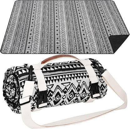 Picnic Blankets Outdoor Extra Large-Waterproof Picnic Blanket with Shoulder Carry Strap | Machine Washable Picnic Mat with Sandproof Backing for Park , Grass, Camping, Hiking, Concerts (Black)