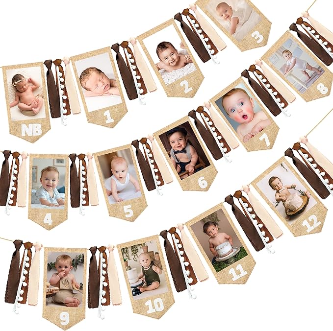 pinkblume 1st Birthday Burlap Photo Banner Garland Handmade Felt from Newborn to 12 Months with Gradient Brown Ribbon for Baby Boy Girl Monthly Milestones First Birthday Party Decoration Supplies