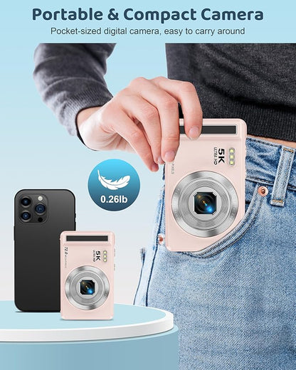 5K Digital Camera - 72MP UHD Digital Cameras for Photography - Autofocus Point and Shoot Small Camera with Flash for Kids - 2.8 Inch Screen Compact Portable Vlogging Camara with 16X Zoom, 32GB SD Card