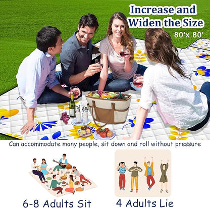 Poedist Extra Large Picnic Blanket Waterproof,80"x 80"Foldable Machine Washable Beach Blanket,Outdoor Blanket for 6-8 Adults,Suitable for Indoor Crawling,Park Beach,Camping,Hiking,Family Travel(Mini