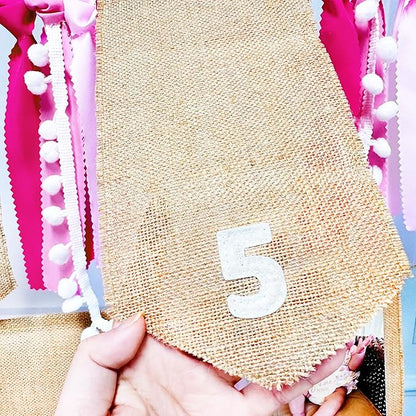 pinkblume 1st Birthday Burlap Photo Banner Garland Handmade Felt from Newborn to 12 Months with Gradient Pink Ribbon for Baby Girl Monthly Milestones First Birthday Party Decorations Supplies
