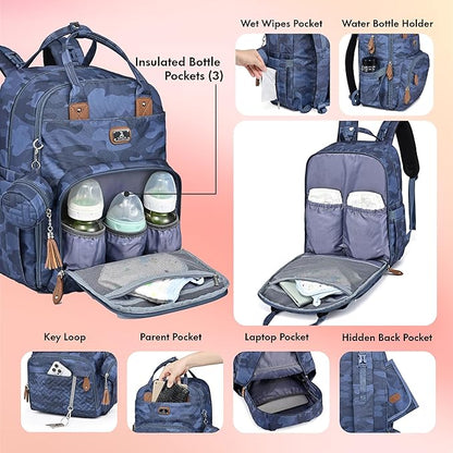 Dikaslon Diaper Bag Backpack with Changing Pad, Pacifier Case and Stroller Straps, Large Unisex Baby Bags for Boys Girls, Camo