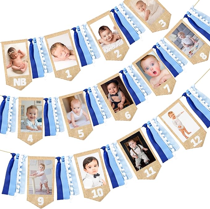 pinkblume 1st Birthday Burlap Photo Banner Garland Handmade Felt from Newborn to 12 Months with Gradient Blue Ribbon for Monthly Milestones Baby Boy First Birthday Party Decorations Supplies