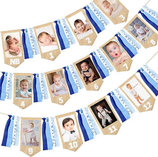 pinkblume 1st Birthday Burlap Photo Banner Garland Handmade Felt from Newborn to 12 Months with Gradient Blue Ribbon for Monthly Milestones Baby Boy First Birthday Party Decorations Supplies