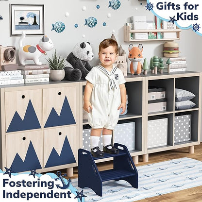 AMBIRD Wooden Step Stool, Two Step Stools Toddler 300 lbs Capacity with Safety Non-Slip Pads and Handles, Bamboo Step Stool for Bathroom, Kitchen Dual Height Step Stools for Kids (Navy Blue)