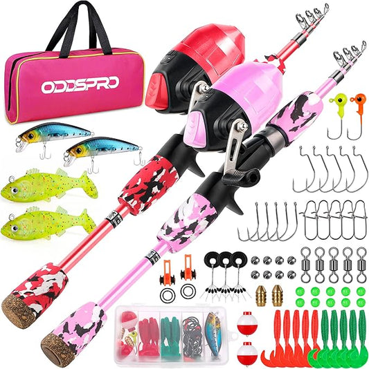ODDSPRO Kids Fishing Pole Pink, Portable Telescopic Fishing Rod and Reel Combo Kit - with Spincast Fishing Reel Tackle Box for Girls, Youth
