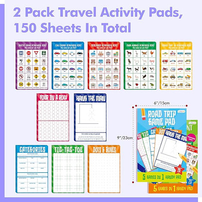 2 Pack Road Trip Game Pads, 10 Games (Categories, Dot & Boxes, Tic-tac-Toe, Scavenger Hunt Bingo), Pen Pencil Paper Game, Plane Trip/Car Travel/Getaway Activity Pad for Kid, Adult
