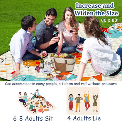 Poedist Extra Large Picnic Blanket Waterproof,80"x 80"Foldable Machine Washable Beach Blanket,Outdoor Blanket for 6-8 Adults,Suitable for Indoor Crawling,Park Beach,Camping,Hiking,Family Travel(Sun)