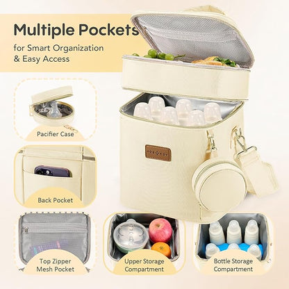 Breastmilk Cooler Bag with Ice Pack & Pacifier Case, Large Double Layer Insulated Baby Bottle Cooler Fits 6 Bottles, Breast Pump Storage Bag for Working Nursing Moms, with Gift Box