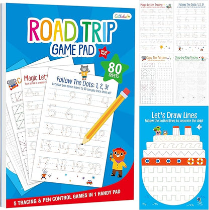 Pen Control & Tracing Activity Pad, 80 Tear-off Sheets Alphabet & Number Handwriting Practice Notepad for Kids, Letters A-Z/Numbers1-20/Patterns Tracing Workbook for Plane, Car Travel, Road Trip