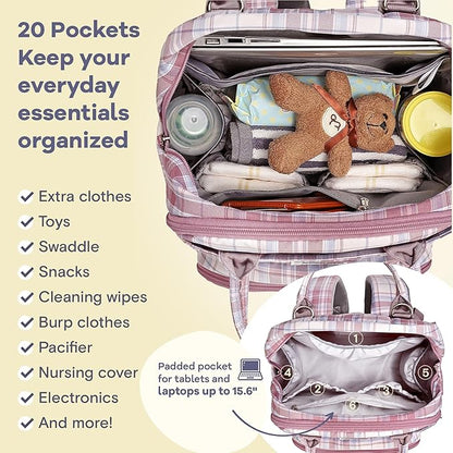 RUVALINO Diaper Bag Backpack, Multifunction Travel Pack Maternity Baby Changing Bags, Large Capacity, Waterproof, Pink Plaid