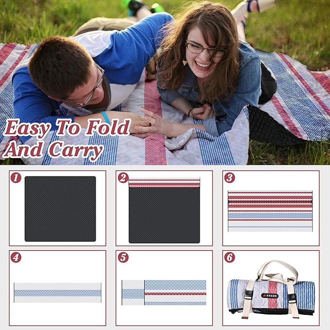 Waterproof Picnic Mat, Outdoor Camping Oversized Field Blanket. Portable Thickened Camping Blanket, Suitable for Beach, Camping, Music Festival, Party, Outdoor Adventure. (Red&Blue&White, 80”x80”)