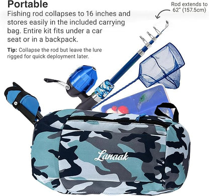 Kids Fishing Pole, Kids Portable Telescopic Fishing Rod Set, Tackle Box and Fishing Net Combo Kit, Kids Fishing Gear for Boys and Girls Age 5-10 and Youth