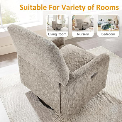 Power Swivel Glider Recliner Chair, Electric Nursery Rocker Recliner Chair, USB & Type-C Charger, Warm Camel Boucle