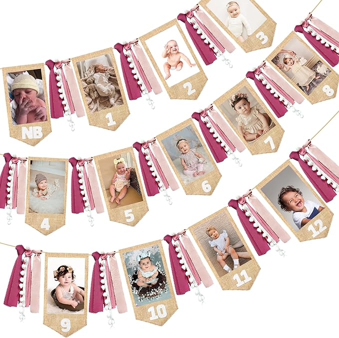 pinkblume 1st Birthday Burlap Photo Banner Garland Handmade Felt from Newborn to 12 Months with Gradient Dusty Pink Ribbon for Baby Girl First Birthday Monthly Milestones Party Decorations Supplies